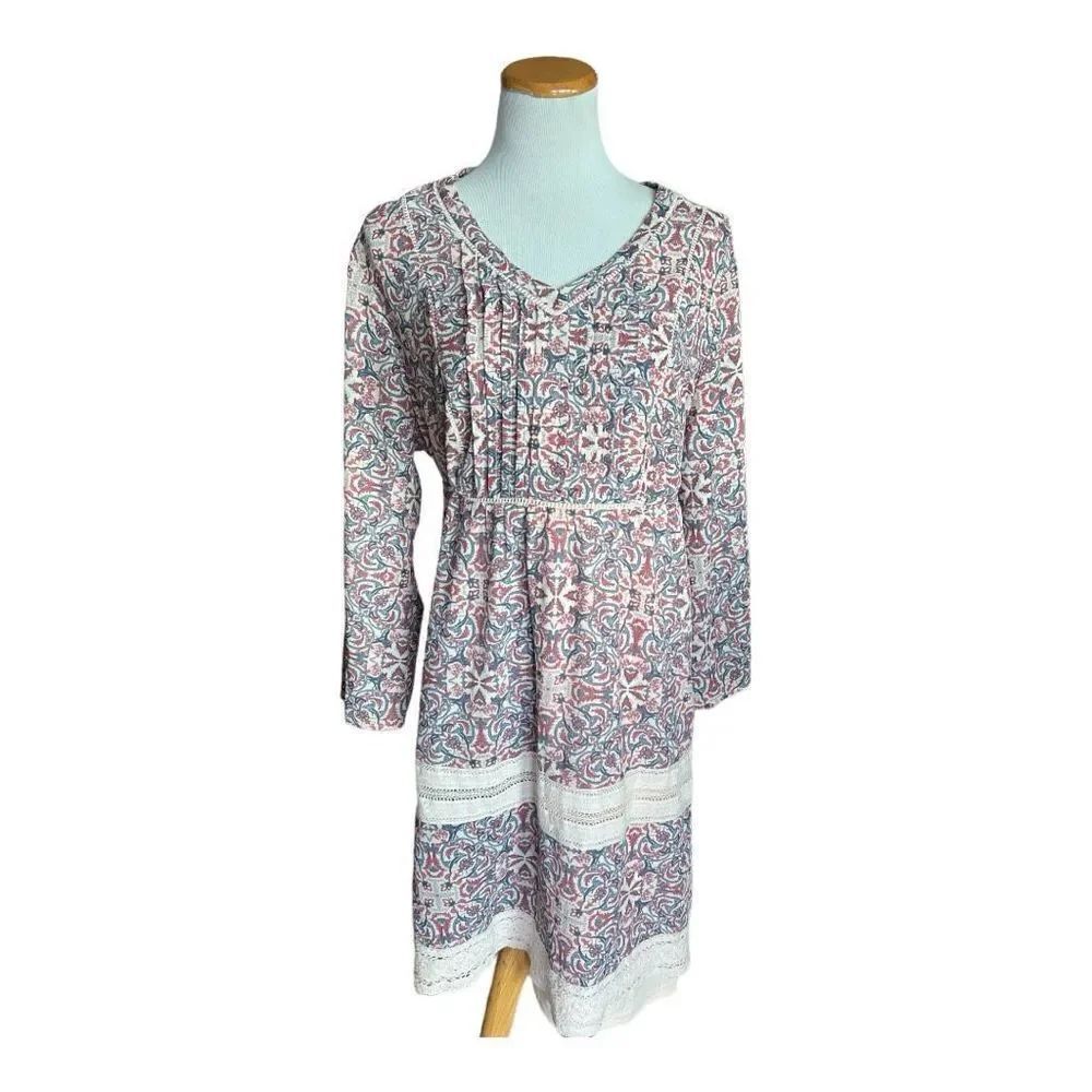 Womens Mimi Chica Boho Floral & Lace Peasant V Neck Dress - Sz L